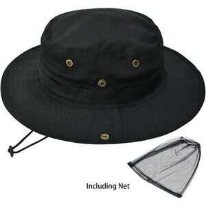 Unisex Black Wide Brim Boonie Uv Protection Chin Strap Adjustable Cowboy Sun Hat
